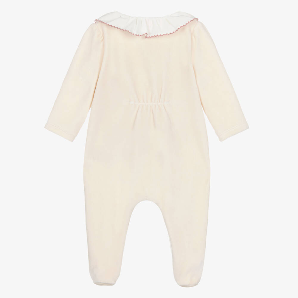 Patachou-Girls Beige Velour Babygrow with Floral Embroidery | Childrensalon Outlet