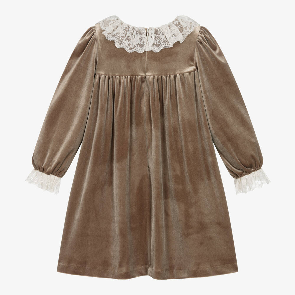 Patachou-Бежевое велюровое платье с кружевным воротником | Childrensalon Outlet