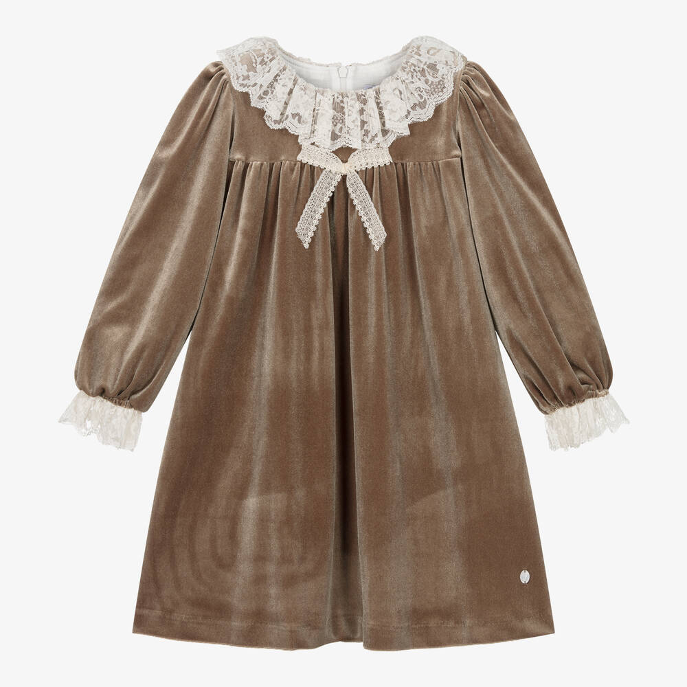 Patachou - Robe velours beige à col dentelle | Childrensalon