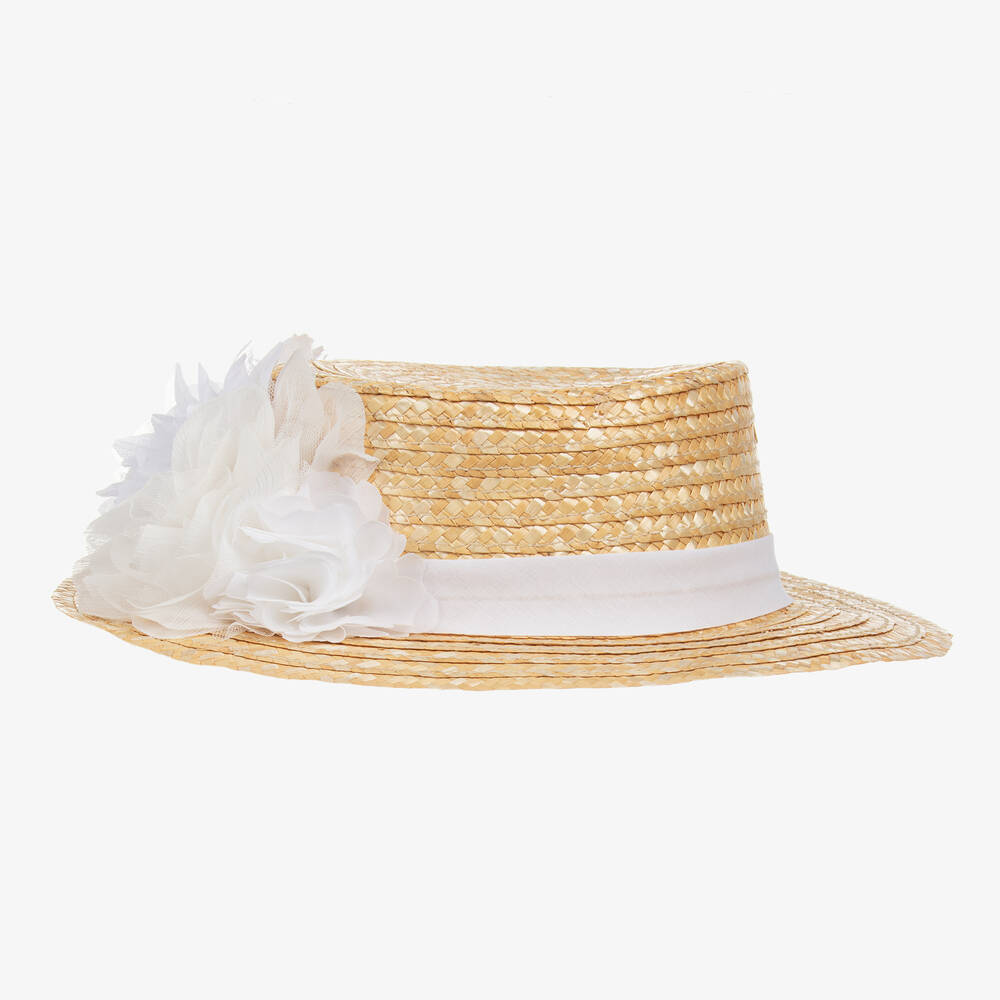 Patachou - Girls Beige & White Flower Straw Hat | Childrensalon