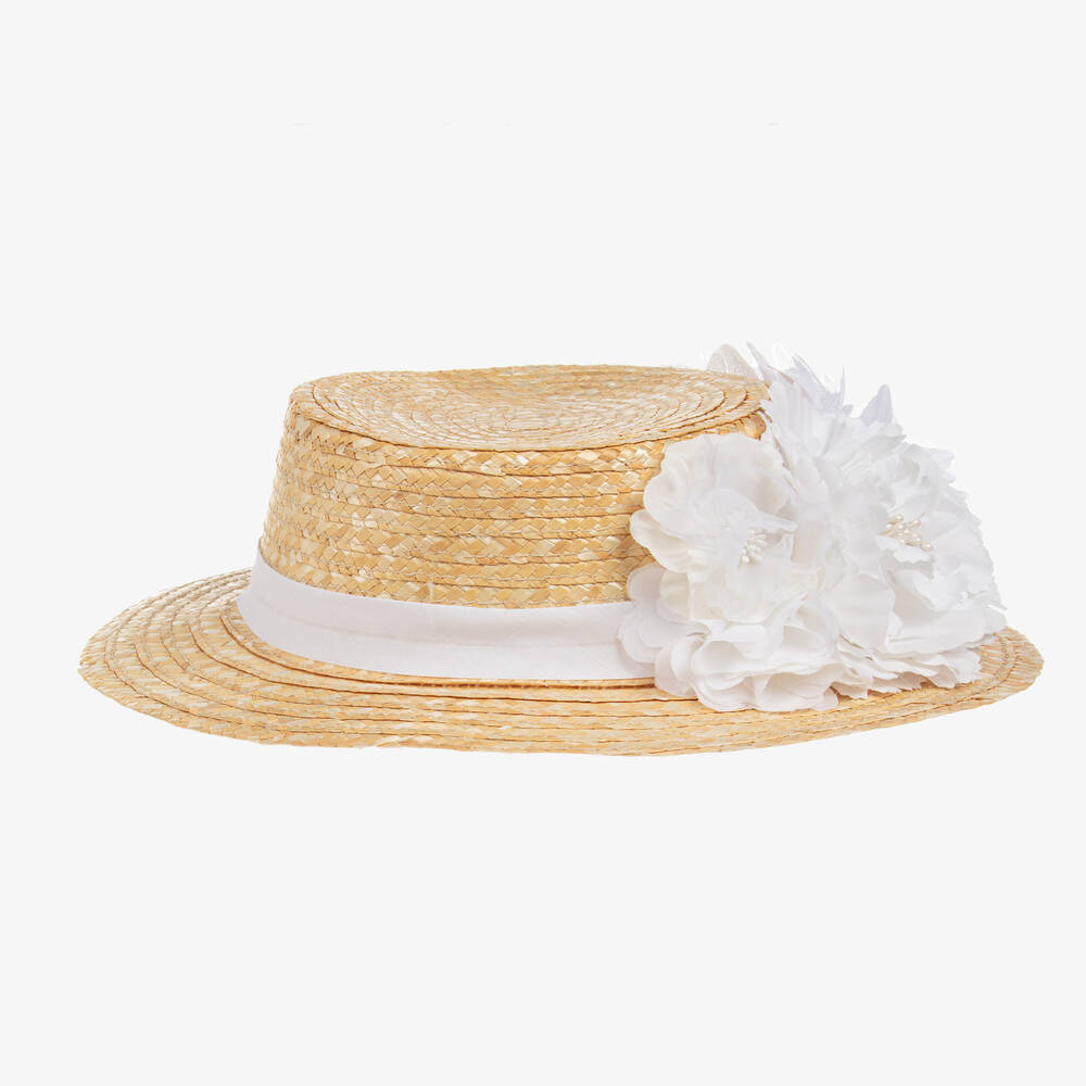 Patachou-Бежево-белая соломенная шляпка с цветами | Childrensalon Outlet