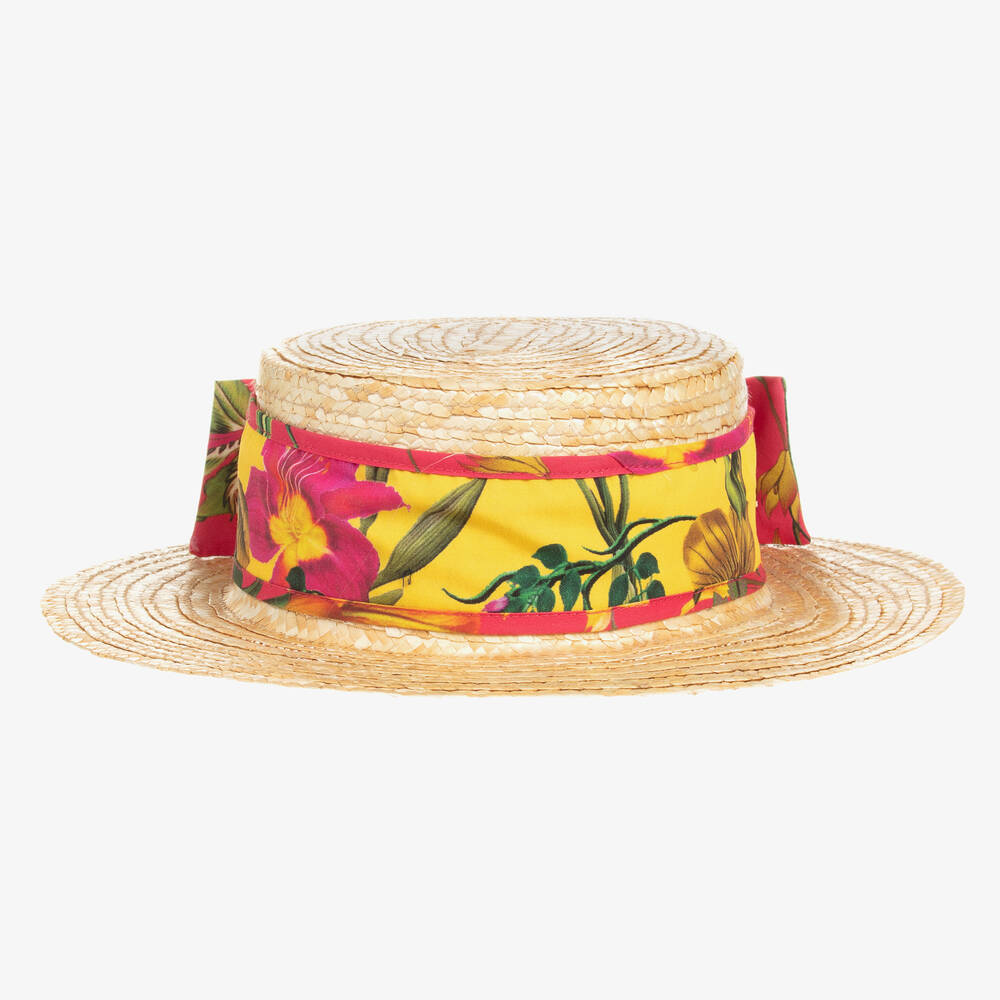 Patachou - قبعة قش لون بيج وأصفر بطبعة ورود للبنات | Childrensalon