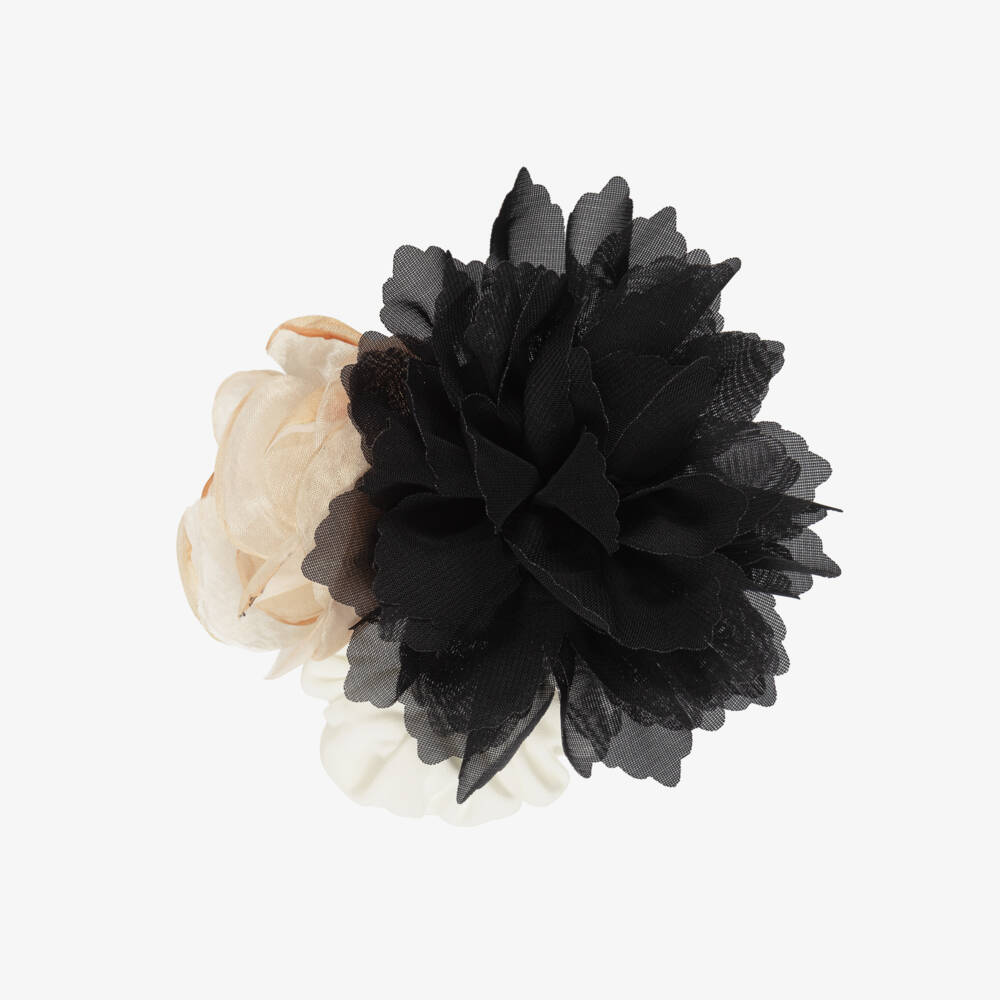 Patachou-Girls Black & Beige Flower Hair Scrunchie (11cm) | Childrensalon Outlet