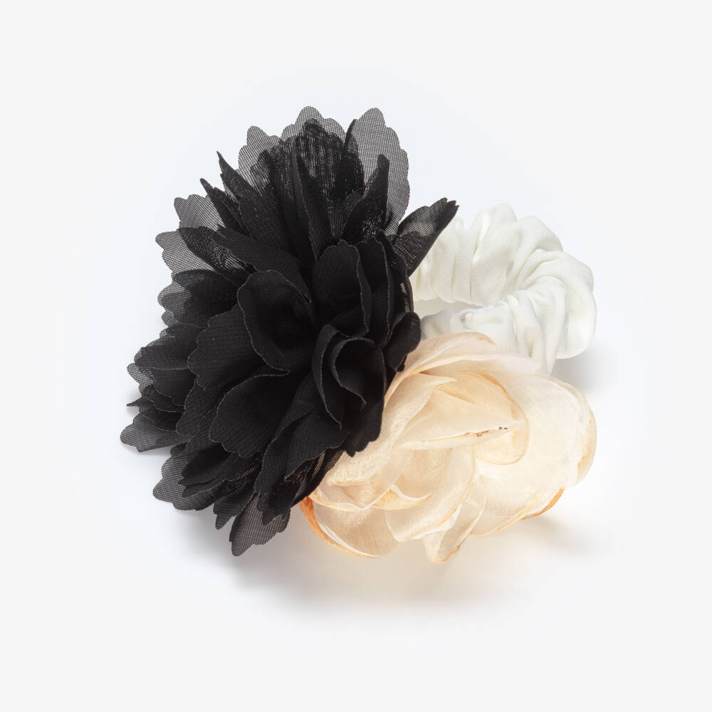 Patachou-Girls Black & Beige Flower Hair Scrunchie (11cm) | Childrensalon Outlet
