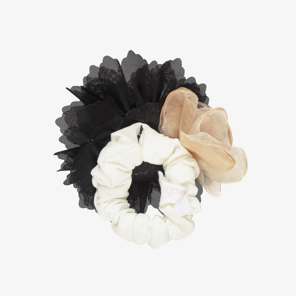 Patachou-Girls Black & Beige Flower Hair Scrunchie (11cm) | Childrensalon Outlet