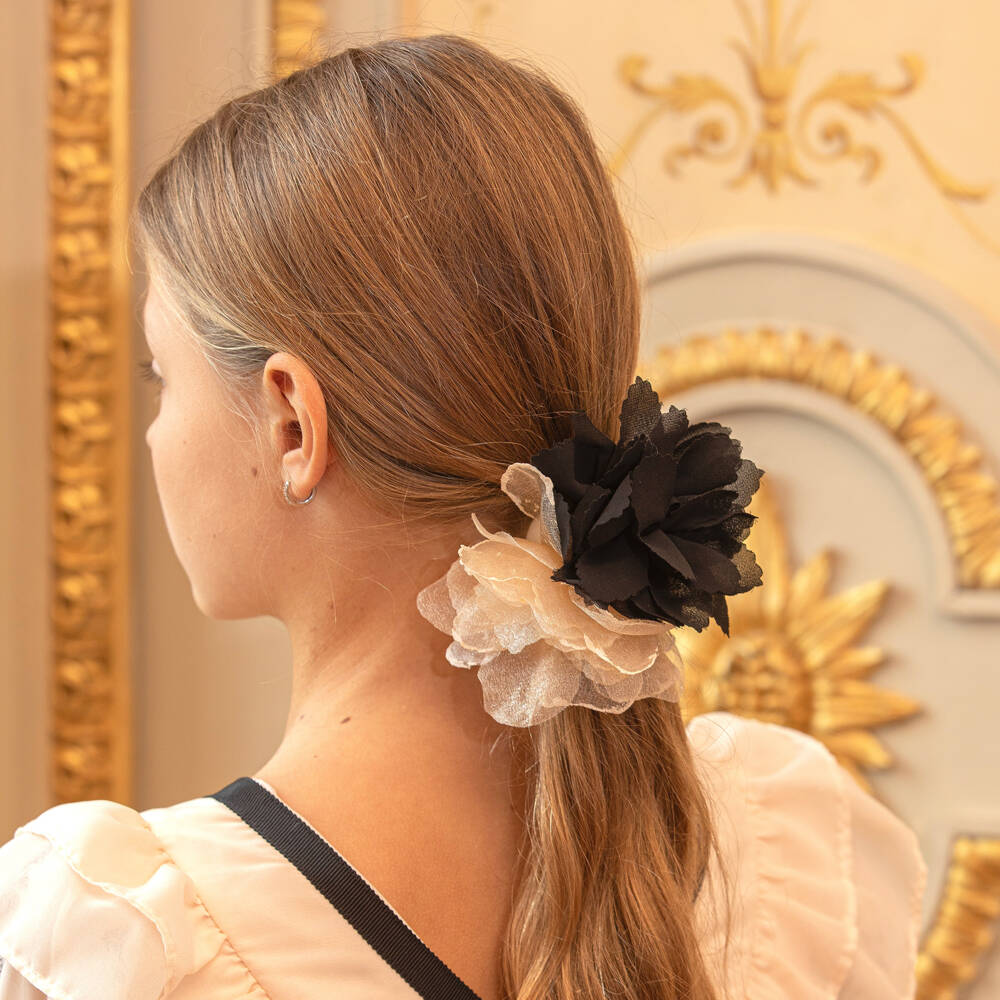 Patachou-Girls Black & Beige Flower Hair Scrunchie (11cm) | Childrensalon Outlet