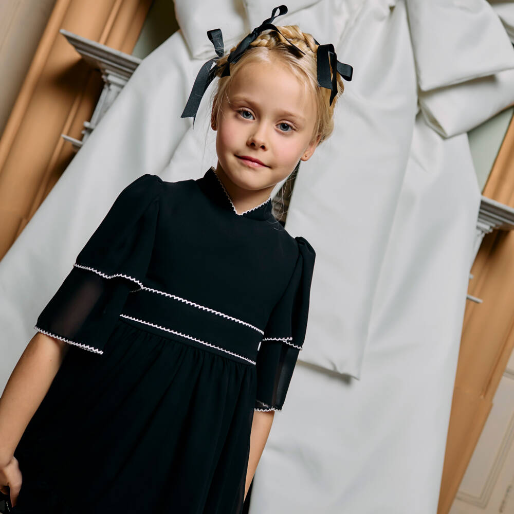 Patachou-Girls Black Chiffon Dress with White Picot Trims | Childrensalon Outlet