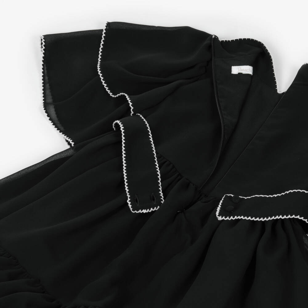 Patachou-Girls Black Chiffon Dress with White Picot Trims | Childrensalon Outlet