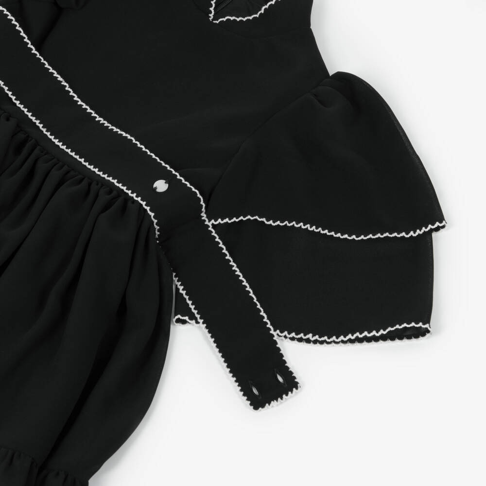 Patachou-Girls Black Chiffon Dress with White Picot Trims | Childrensalon Outlet
