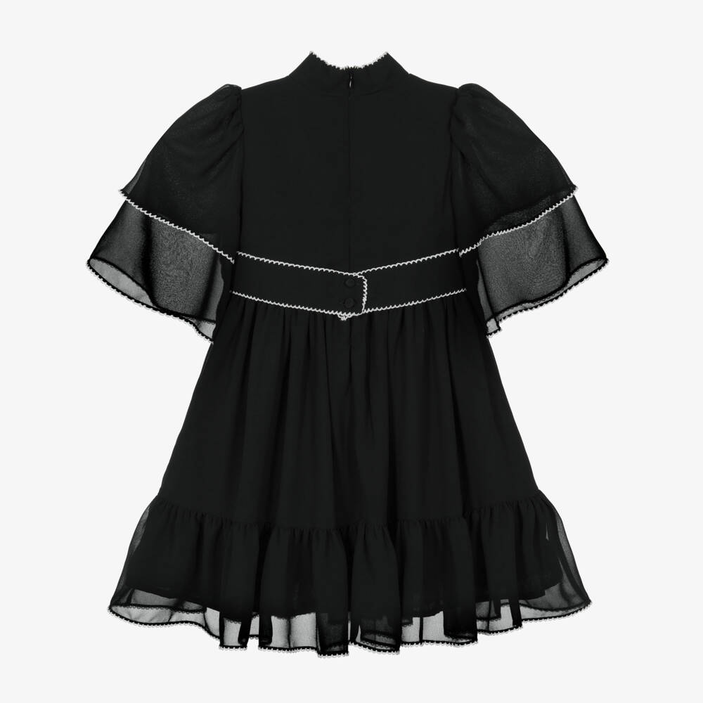 Patachou-Girls Black Chiffon Dress with White Picot Trims | Childrensalon Outlet