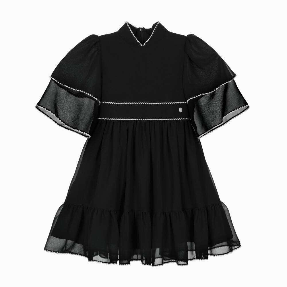 Patachou-Girls Black Chiffon Dress with White Picot Trims | Childrensalon Outlet