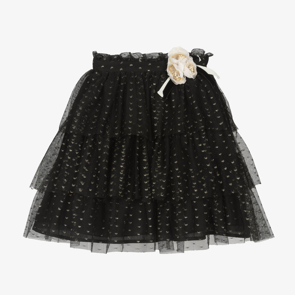 Patachou - Schwarzer Chiffon-Tüll-Rüschenrock | Childrensalon