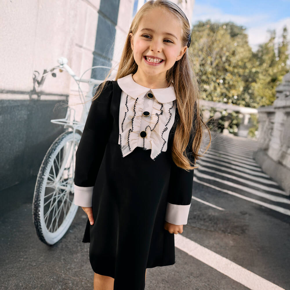 Patachou-Girls Black Crêpe Dress with Beige Ruffles | Childrensalon Outlet