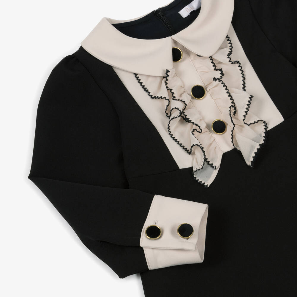 Patachou-Girls Black Crêpe Dress with Beige Ruffles | Childrensalon Outlet