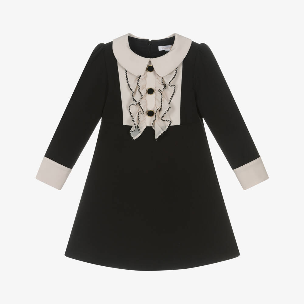 Patachou-Girls Black Crêpe Dress with Beige Ruffles | Childrensalon Outlet