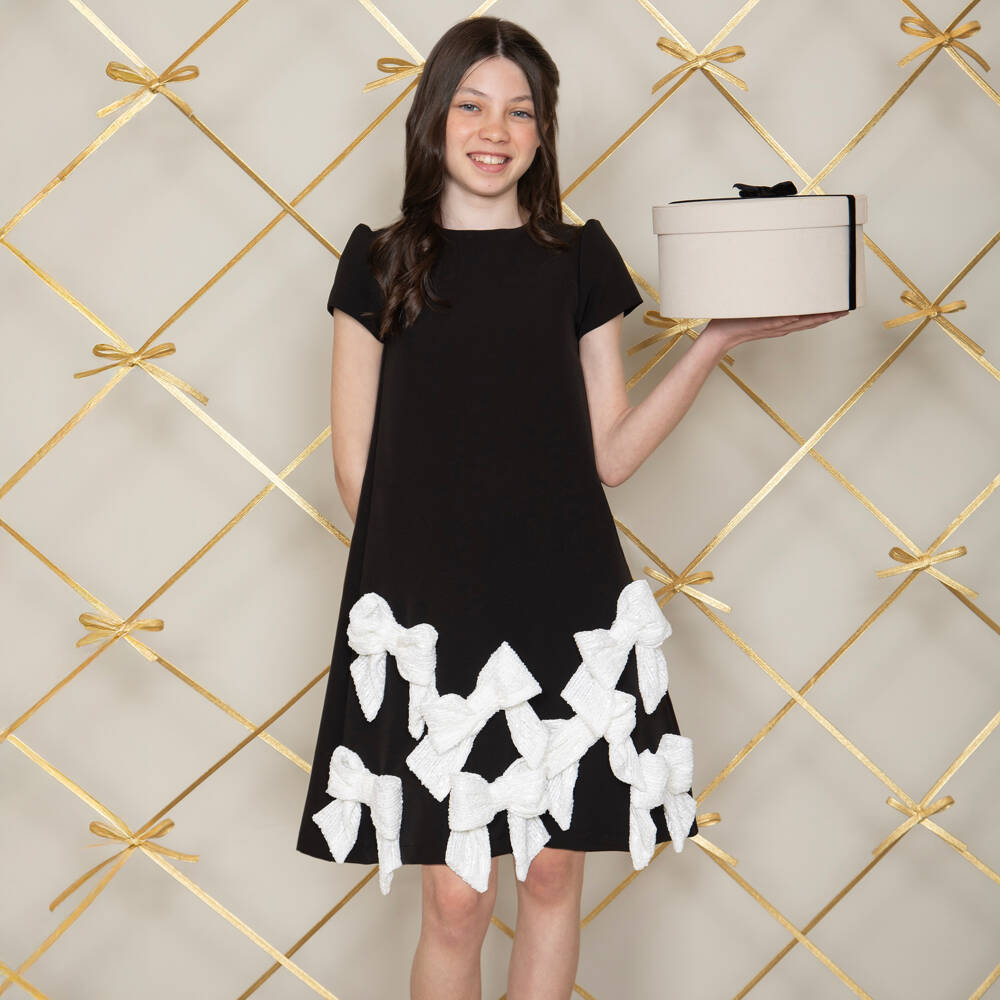 Patachou-Girls Black Crêpe Sequin Bow Dress | Childrensalon Outlet