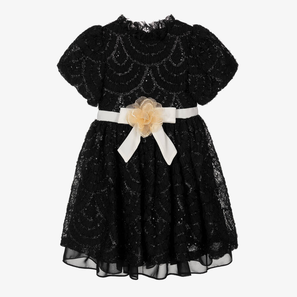 Patachou - Girls Black Embroidered Tulle Dress | Childrensalon