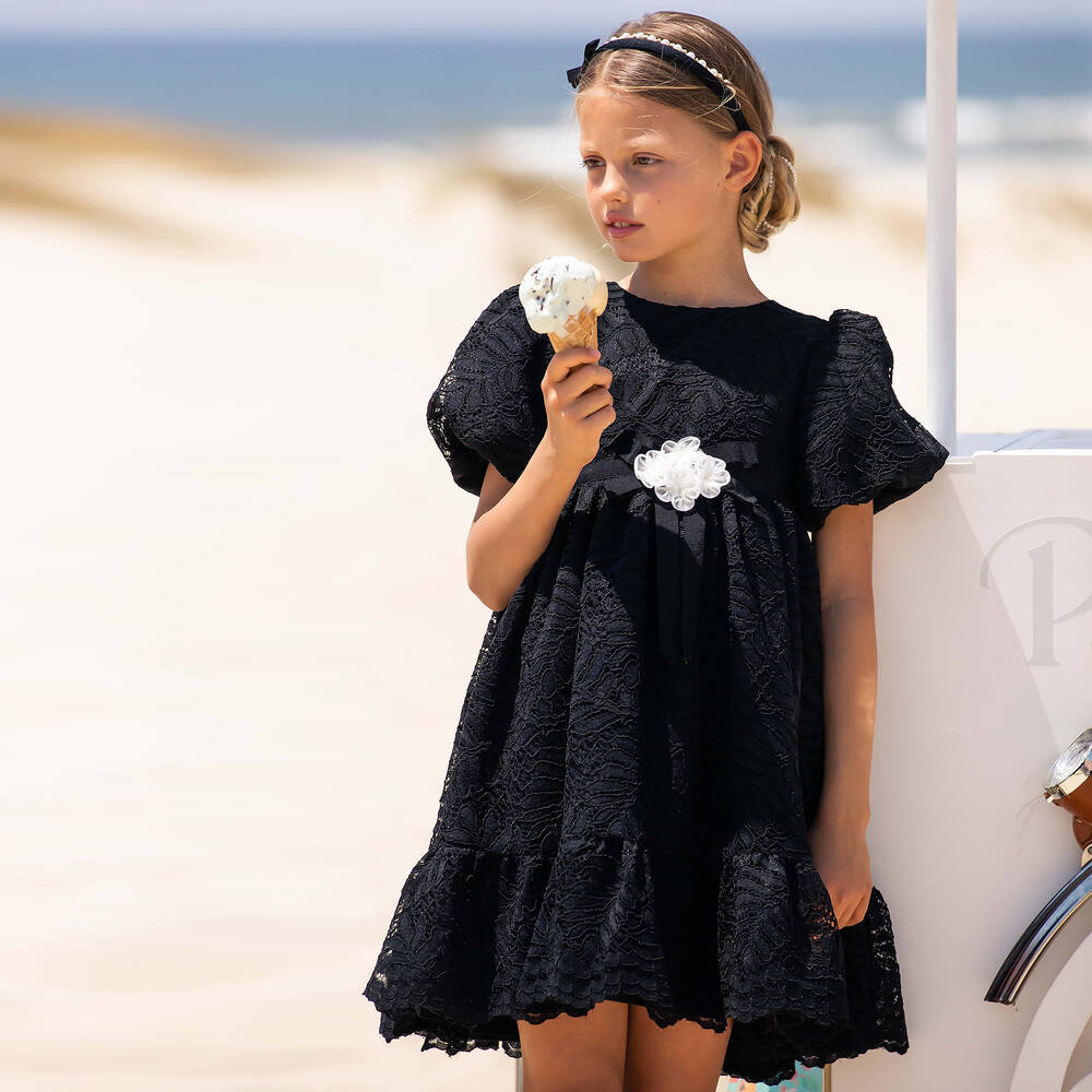 Patachou Girls Black Floral Lace Dress