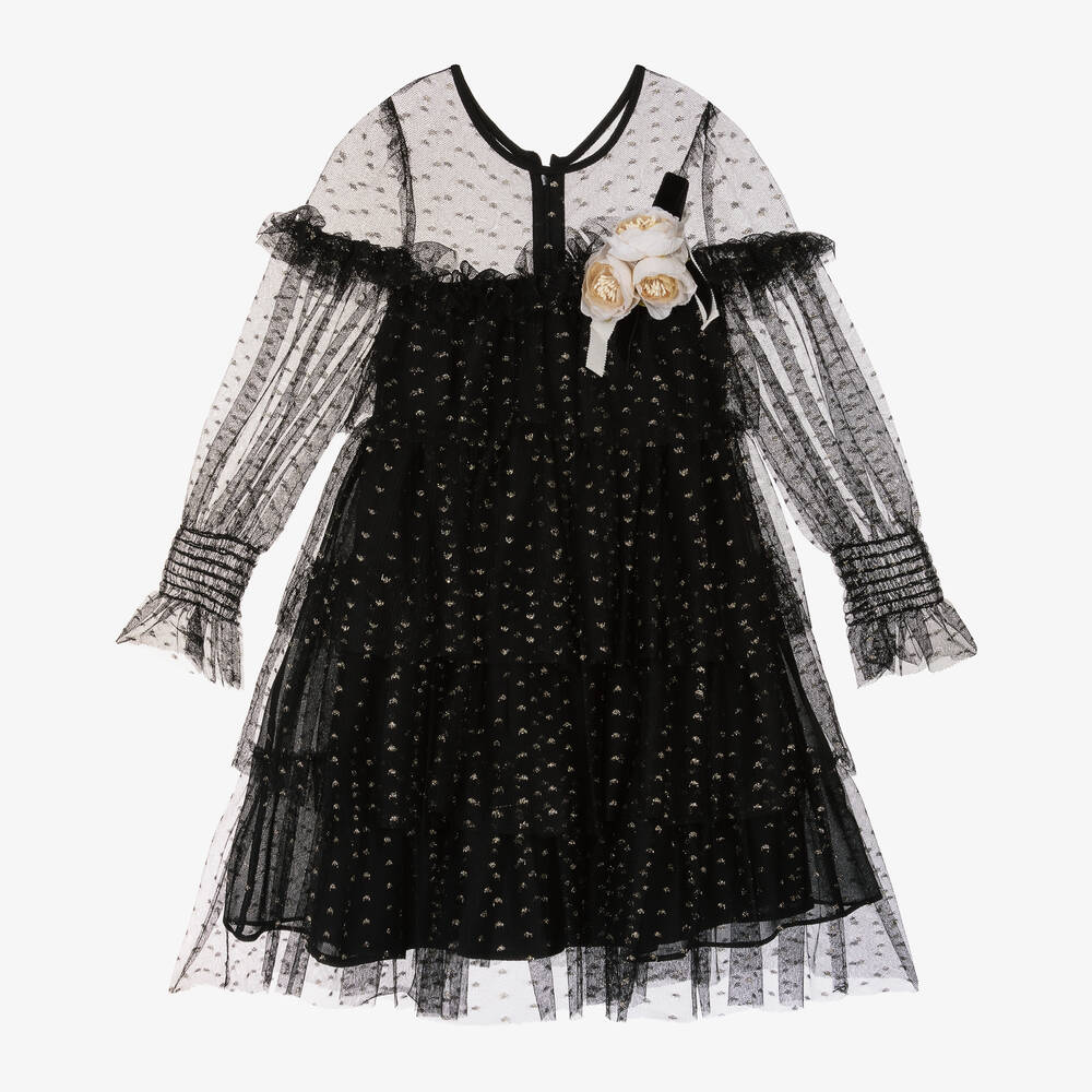 Patachou-Girls Black & Gold Glitter Tulle Dress | Childrensalon Outlet