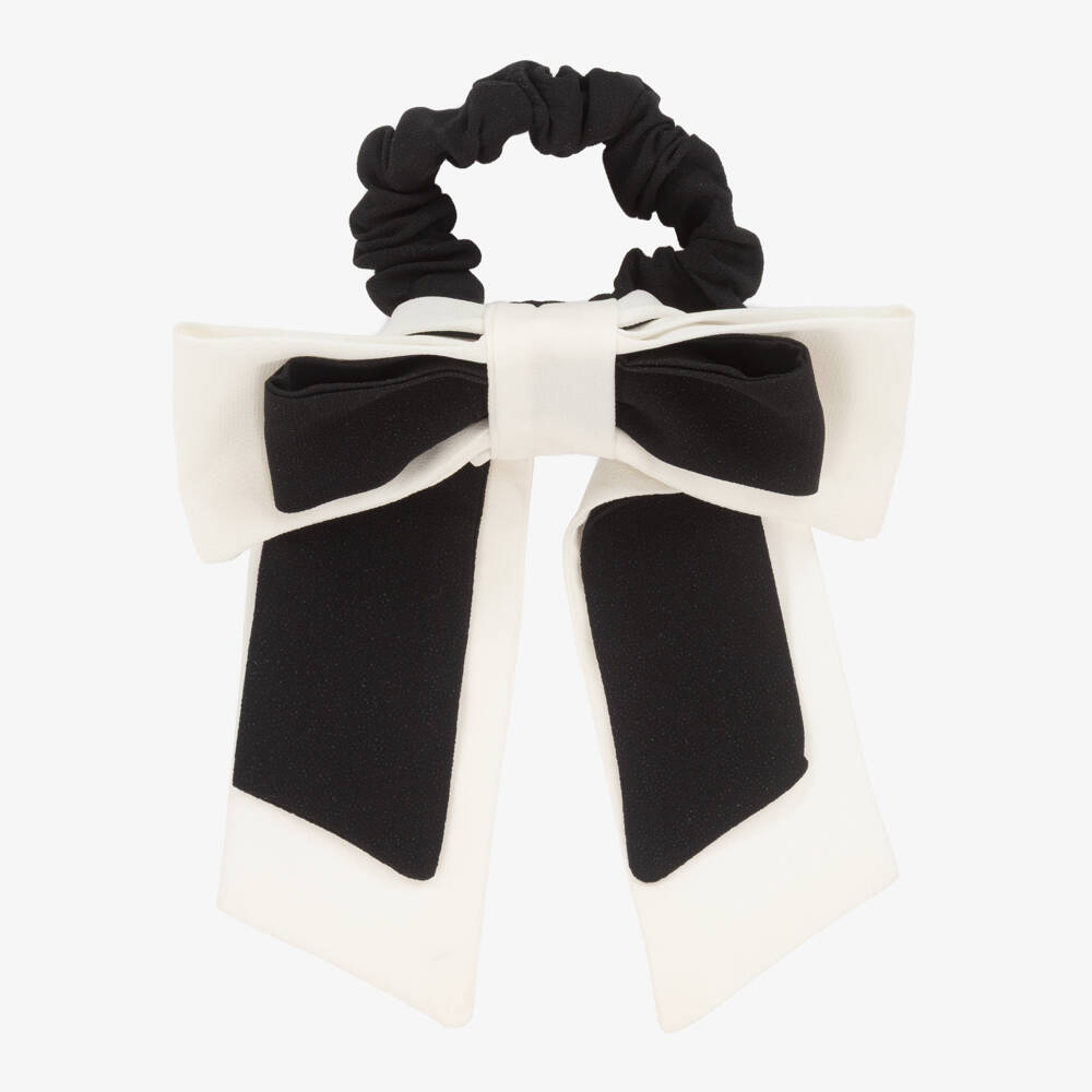 Patachou-Girls Black & Ivory Crêpe Bow Hair Elastic (15cm) | Childrensalon Outlet