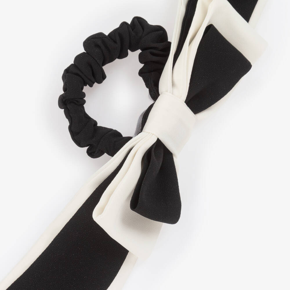 Patachou-Girls Black & Ivory Crêpe Bow Hair Elastic (15cm) | Childrensalon Outlet