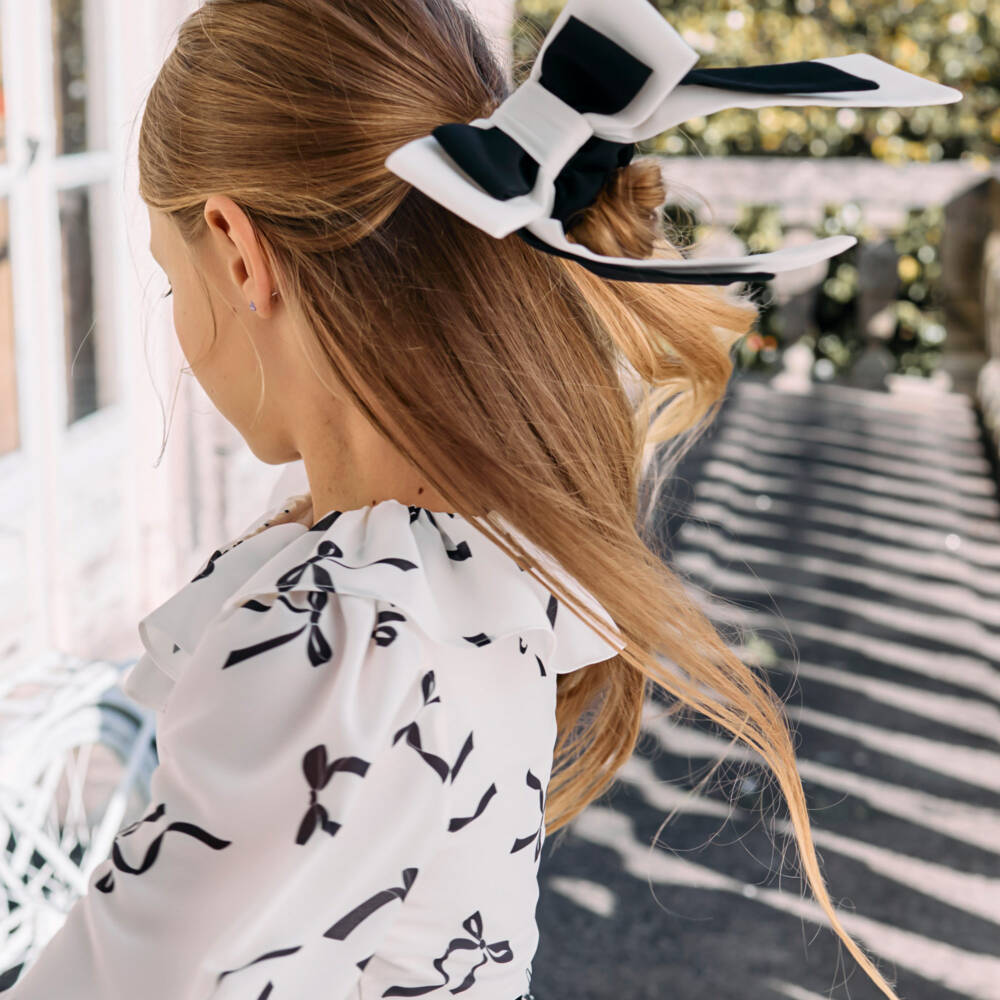 Patachou-Girls Black & Ivory Crêpe Bow Hair Elastic (15cm) | Childrensalon Outlet