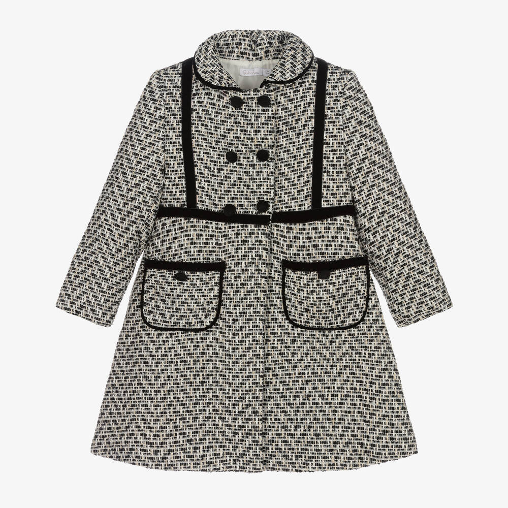 Patachou - Girls Black & Ivory Tweed Coat | Childrensalon