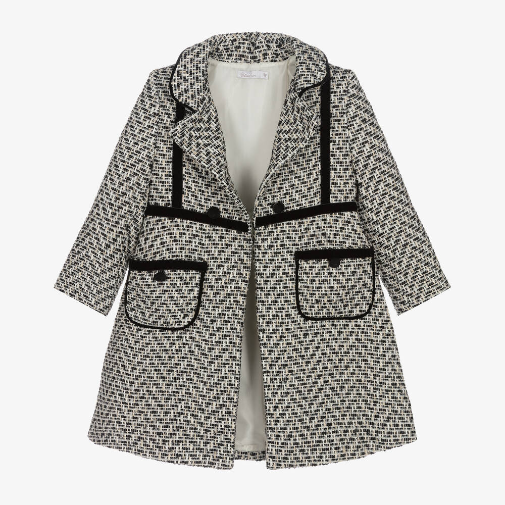 Patachou Girls Black Ivory Tweed Coat