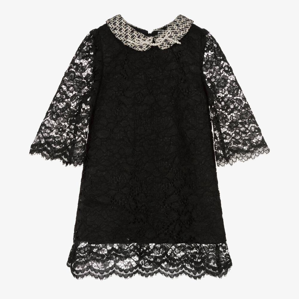 Girls Black Lace Tweed Dress