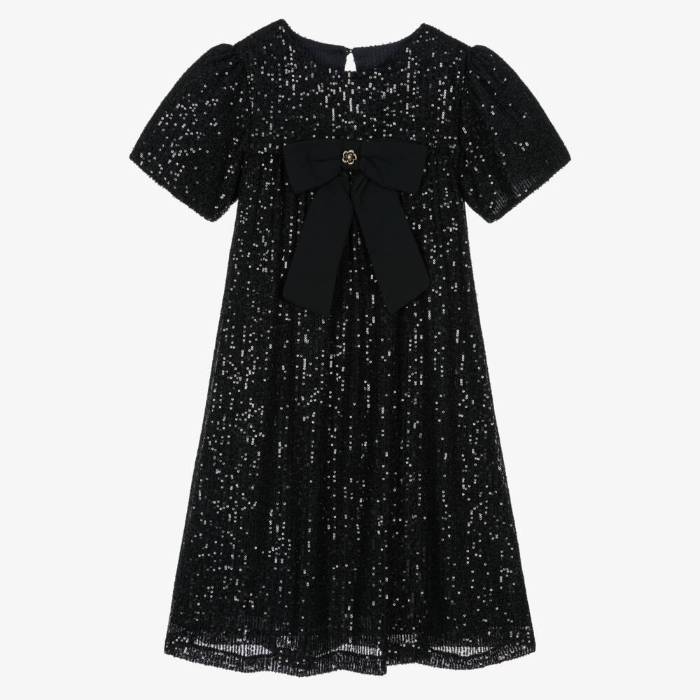 Patachou-Girls Black Sequin Dress with Crêpe Bow  | Childrensalon Outlet