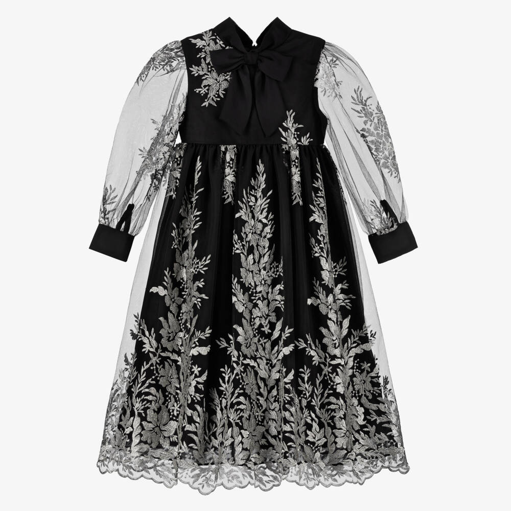 Patachou-Girls Black & Silver Embroidered Tulle Dress | Childrensalon Outlet