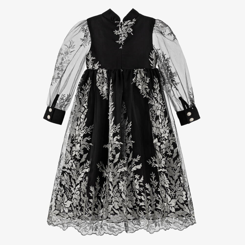 Patachou-Girls Black & Silver Embroidered Tulle Dress | Childrensalon Outlet