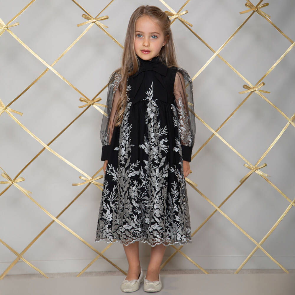 Patachou-Girls Black & Silver Embroidered Tulle Dress | Childrensalon Outlet