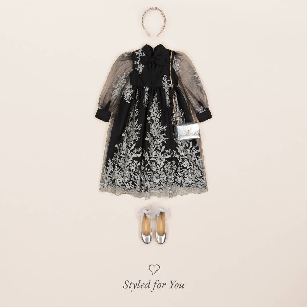 Patachou-Girls Black & Silver Embroidered Tulle Dress | Childrensalon Outlet