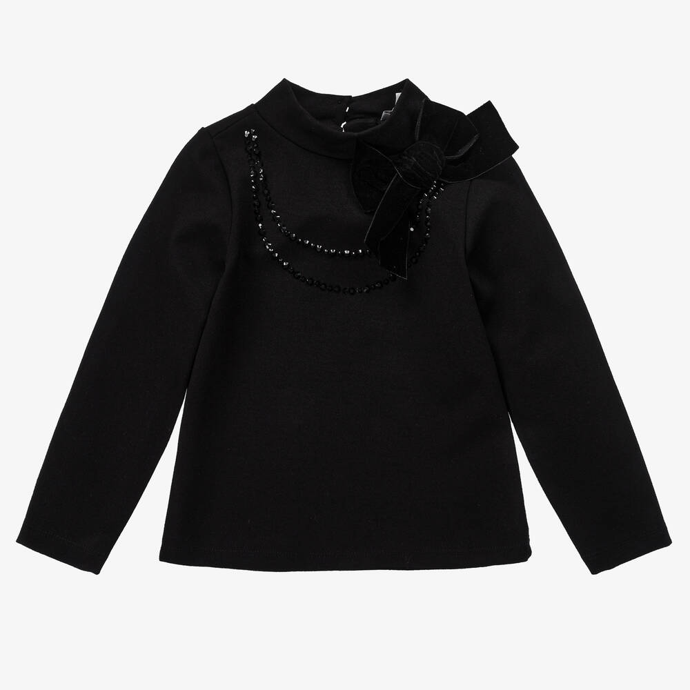 Patachou - Girls Black Velvet Bow Turtleneck Top | Childrensalon