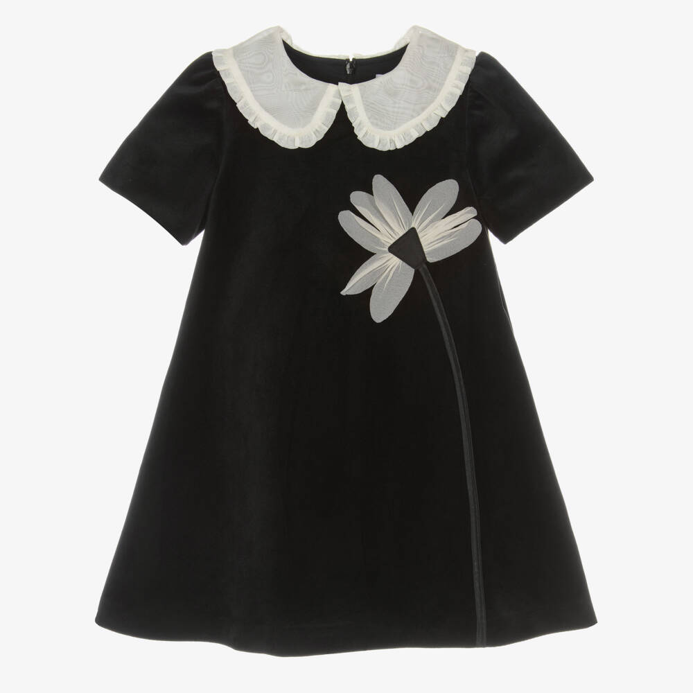 Patachou-Girls Black Velvet Dress with Ivory Crêpe Floral Appliqué | Childrensalon Outlet