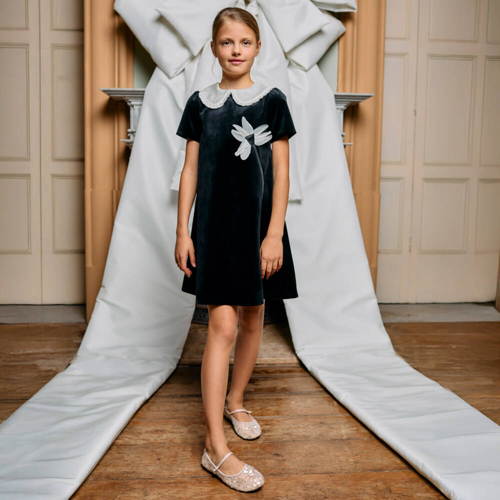 Patachou-Girls Black Velvet Dress with Ivory Crêpe Floral Appliqué | Childrensalon Outlet