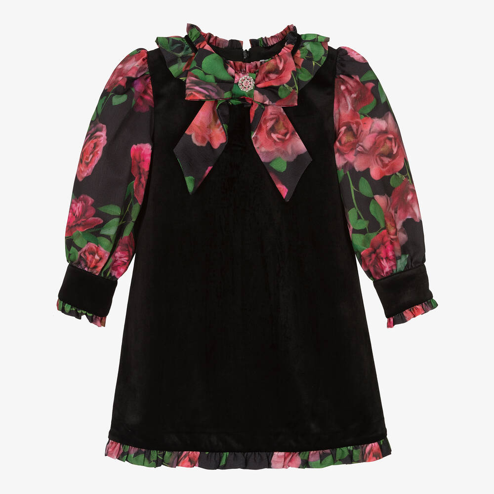 Patachou - Girls Black Velvet Rose Print Dress | Childrensalon