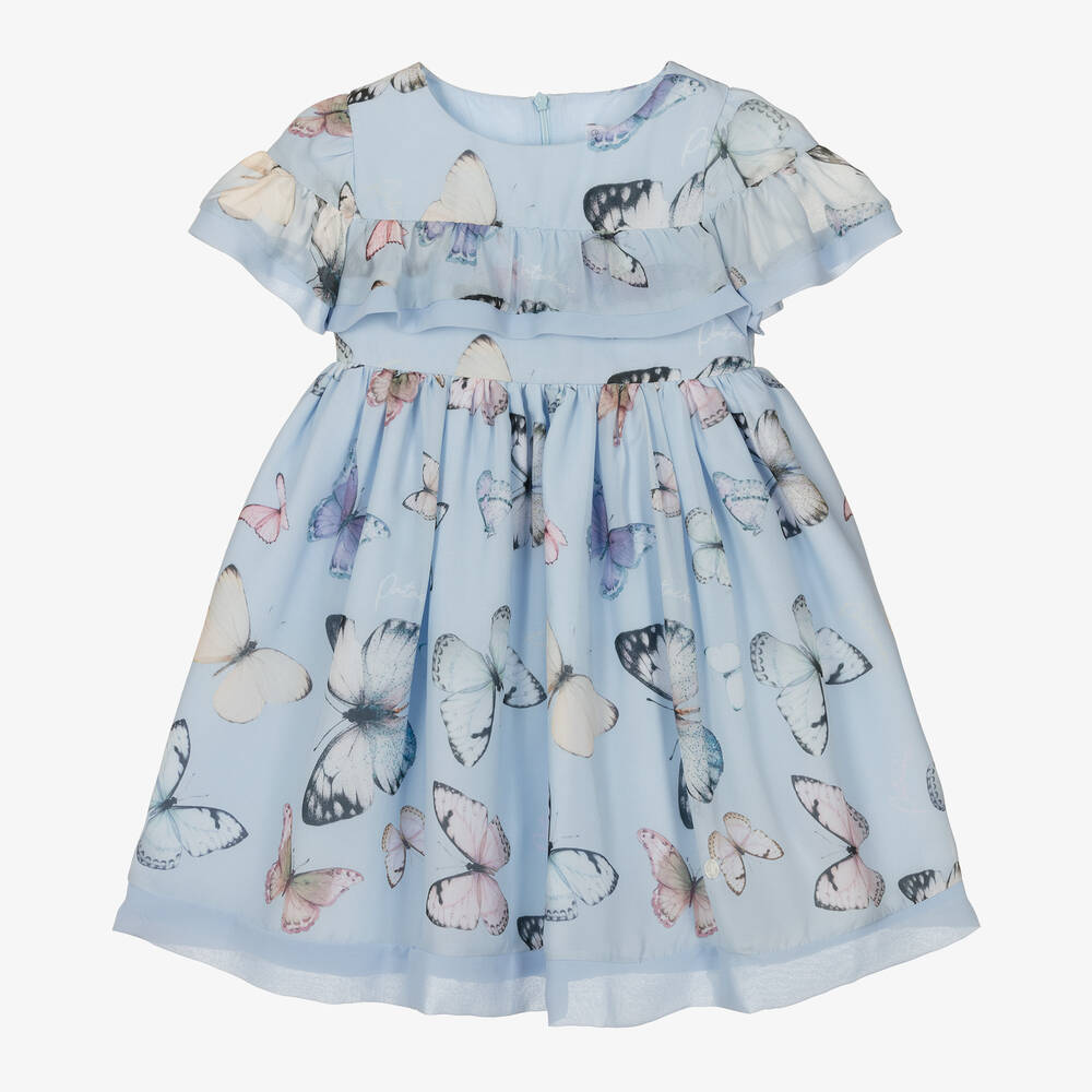Patachou - Girls Blue Butterfly Print Chiffon Dress | Childrensalon