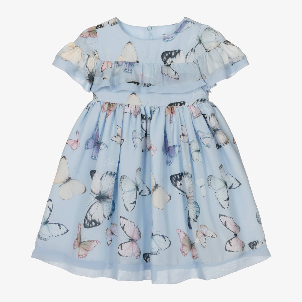 Patachou - Blaues Chiffonkleid mit Schmetterlings-Print | Childrensalon