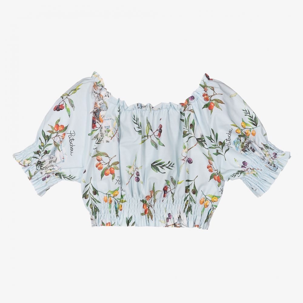 Patachou-بلوز قطن بوبلين لون أزرق باهت للبنات | Childrensalon Outlet