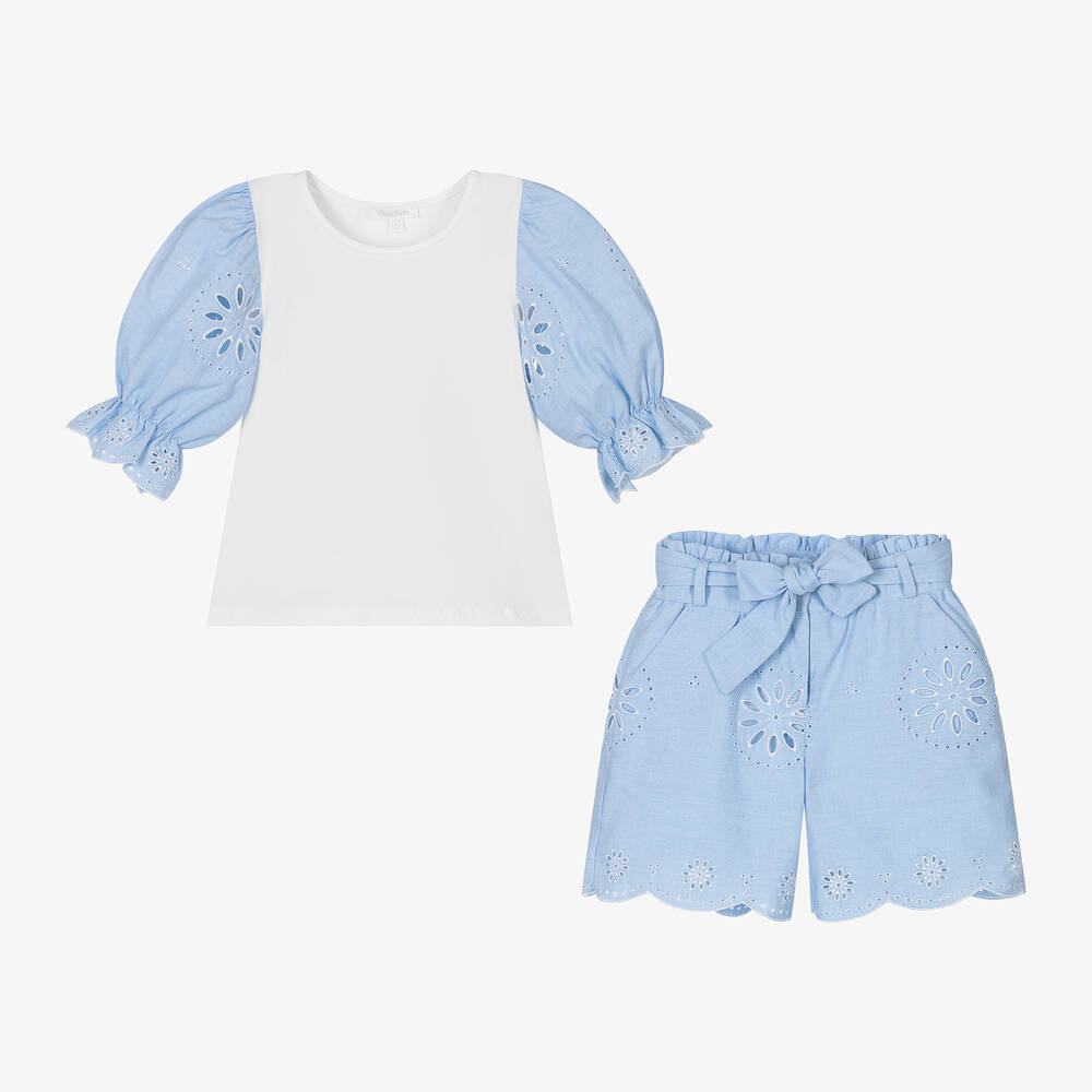 باتاشو-طقم شورت قطن لون أزرق بأكمام منفوشة للبنات | Childrensalon Outlet