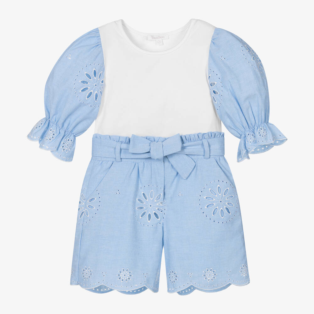 Patachou-Girls Blue Cotton Cut Work Shorts Set | Childrensalon Outlet