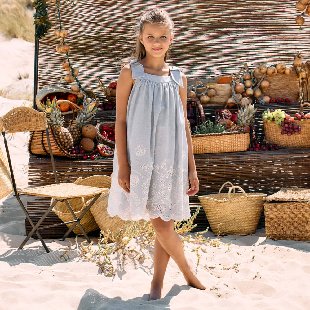 Patachou-Girls Blue Cotton Embroidered Sundress | Childrensalon Outlet
