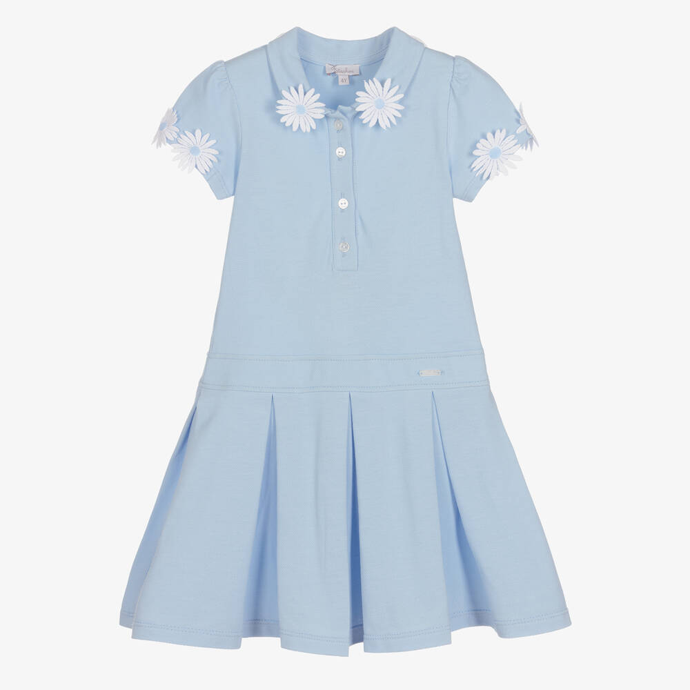 Patachou - Girls Blue Cotton Flowers Polo Dress | Childrensalon