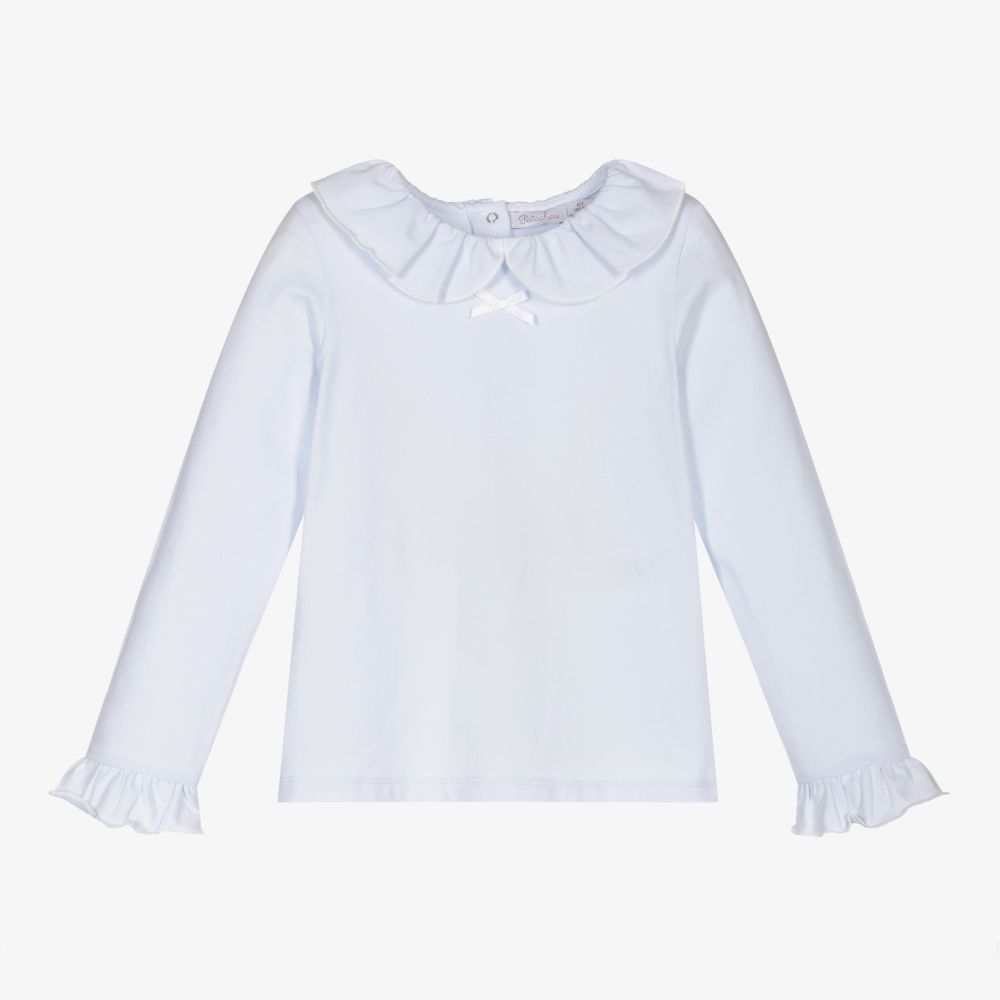 Patachou - Girls Blue Cotton Ruffle Top | Childrensalon