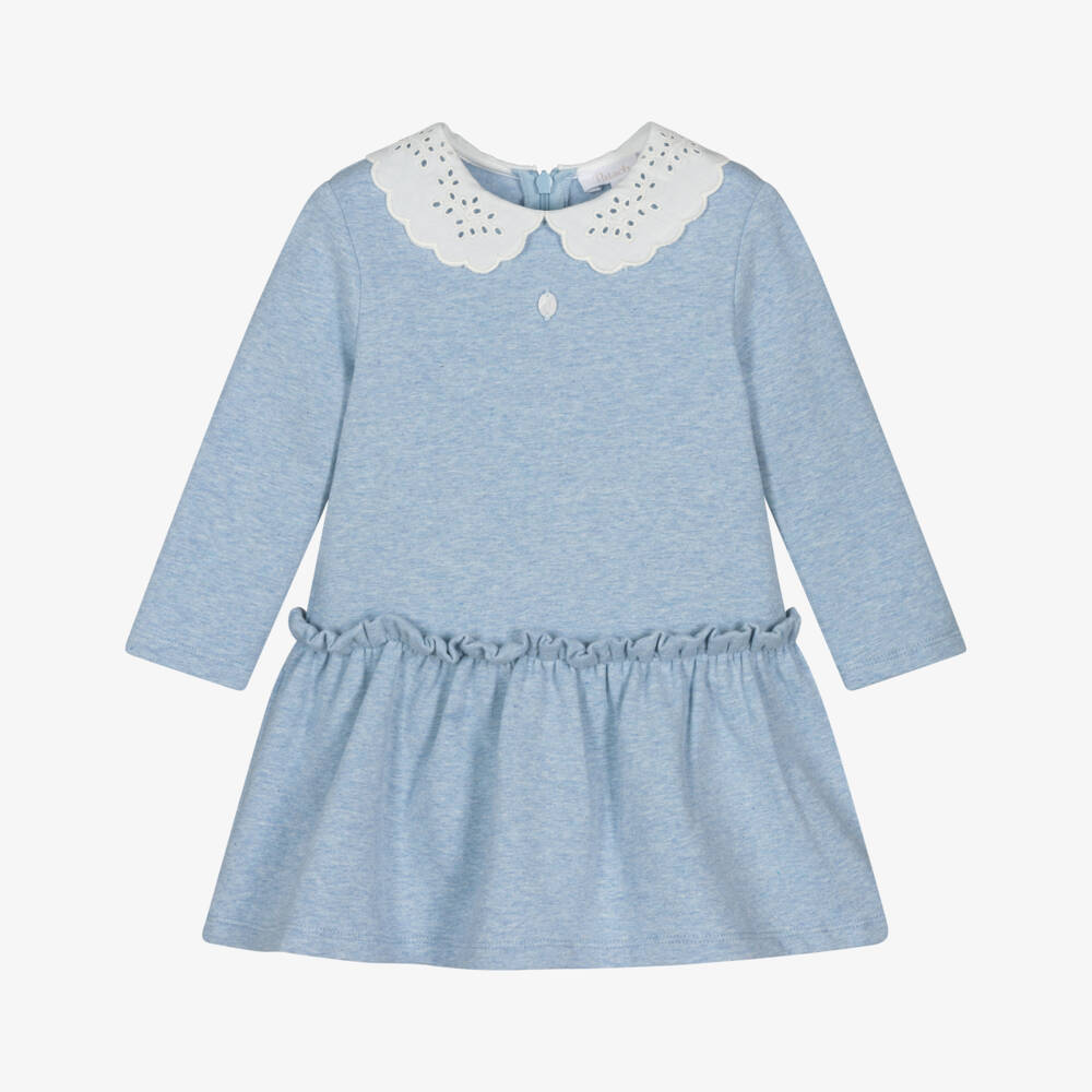 Patachou-Girls Blue Cotton Scallop Collar Dress | Childrensalon Outlet