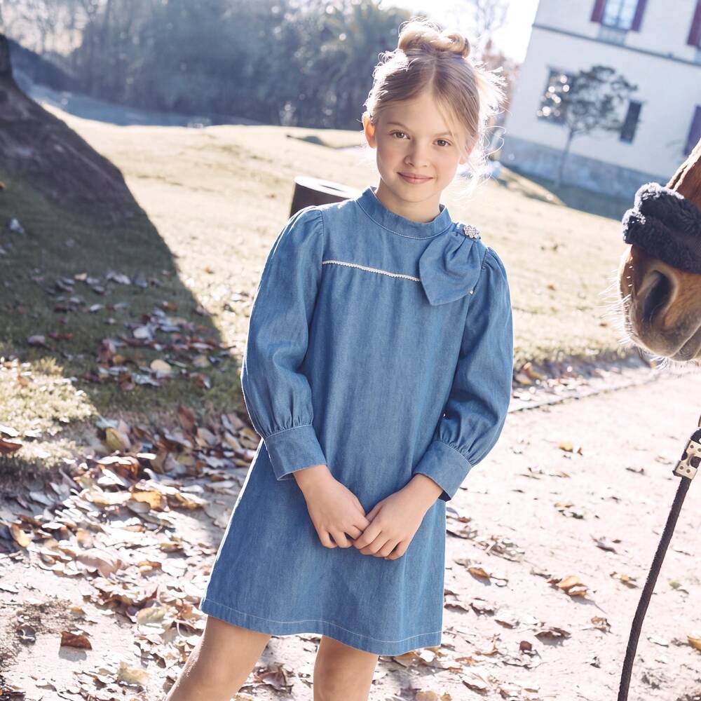 Patachou-Girls Blue Denim Bow Dress with Crystals | Childrensalon Outlet