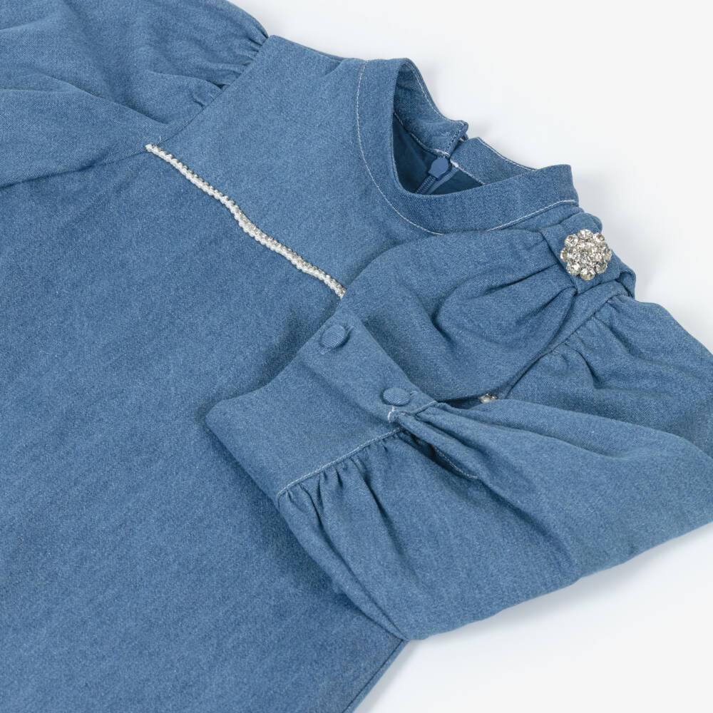 Patachou-Girls Blue Denim Bow Dress with Crystals | Childrensalon Outlet