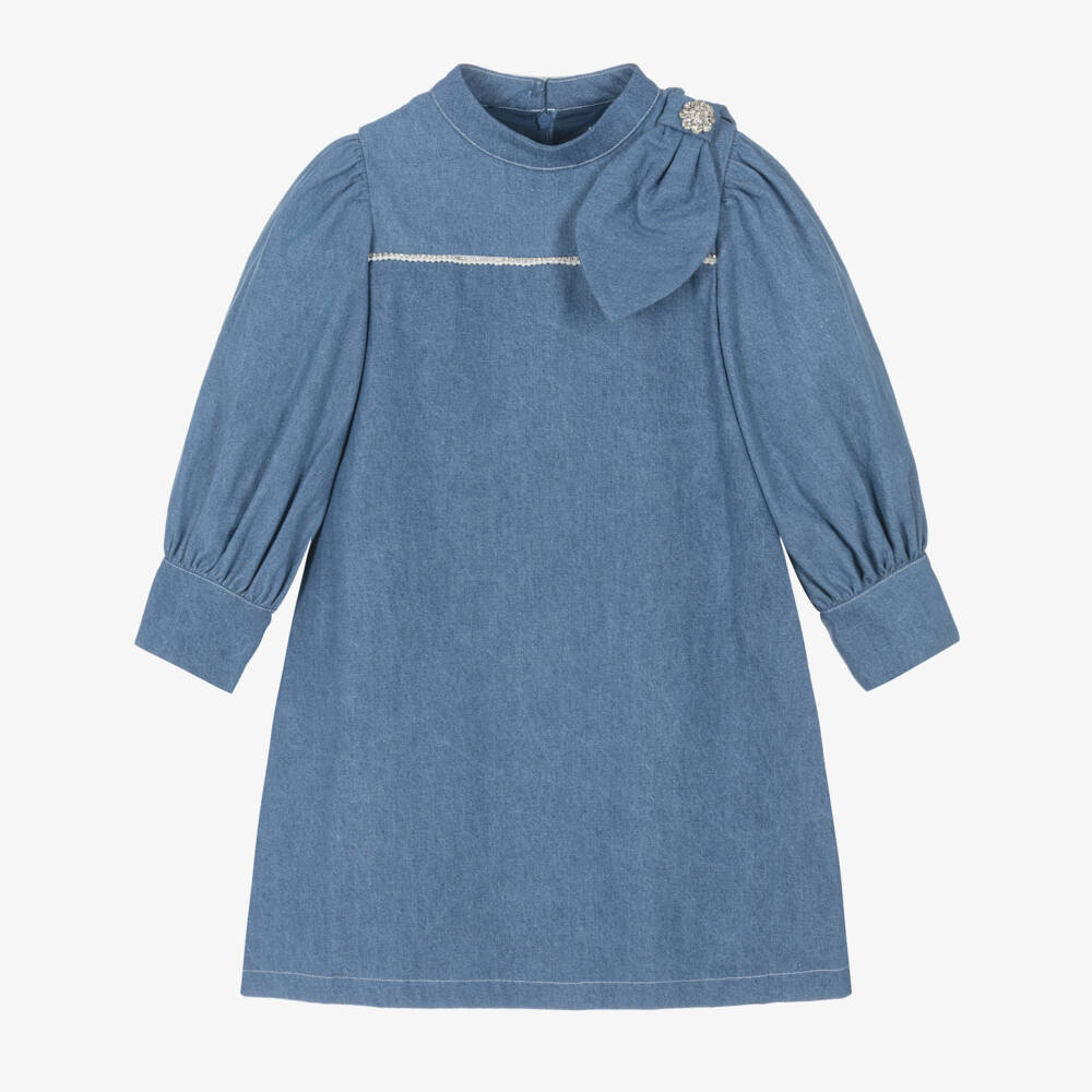Patachou-Girls Blue Denim Bow Dress with Crystals | Childrensalon Outlet